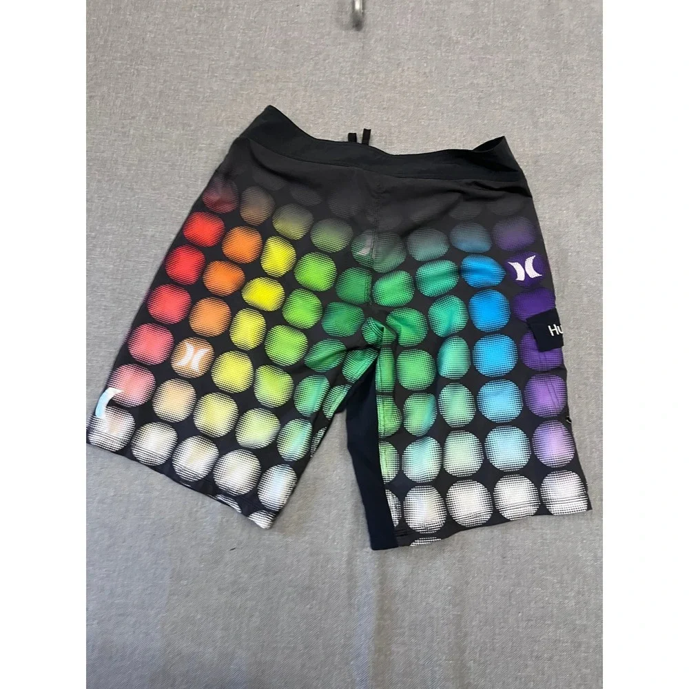 Hurley Mens Board Short Rainbow Polka Dot Black Swim Trunks Size 32 Cargo Pocket
